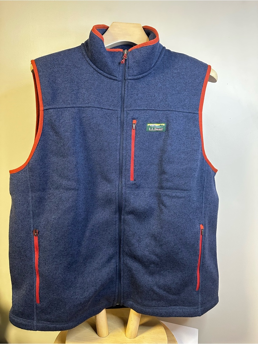 L.L.Bean Men’s XL Navy Sweater Fleece Vest Orange Trim Full Zip